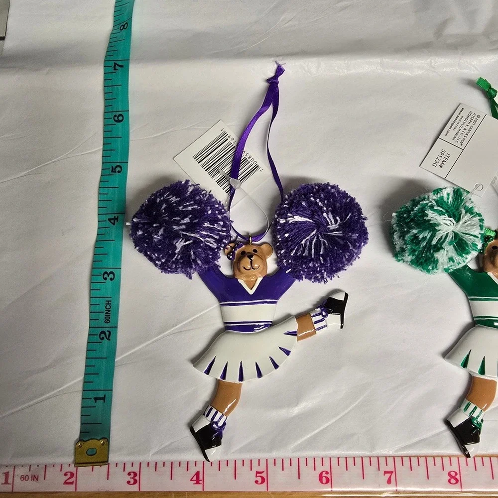 Set of 3 Santa's‎ Best Cheerleader Bear Ornaments Purple Green Blue Pom Poms